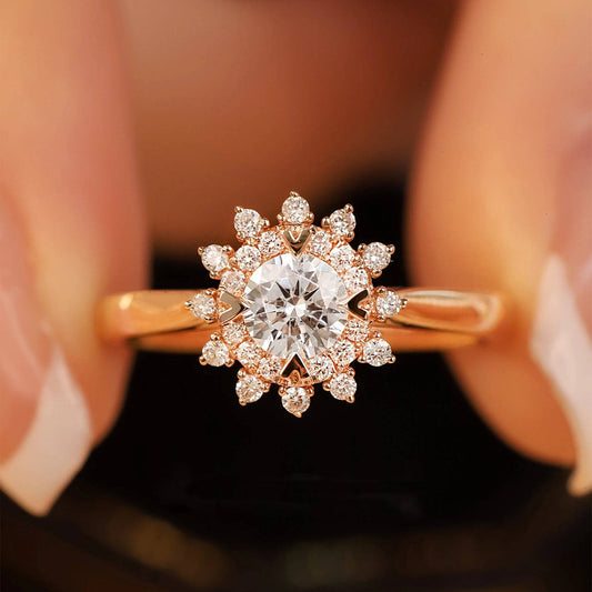 18k Art Deco Round Cut Diamond Sunflower Engagement Ring