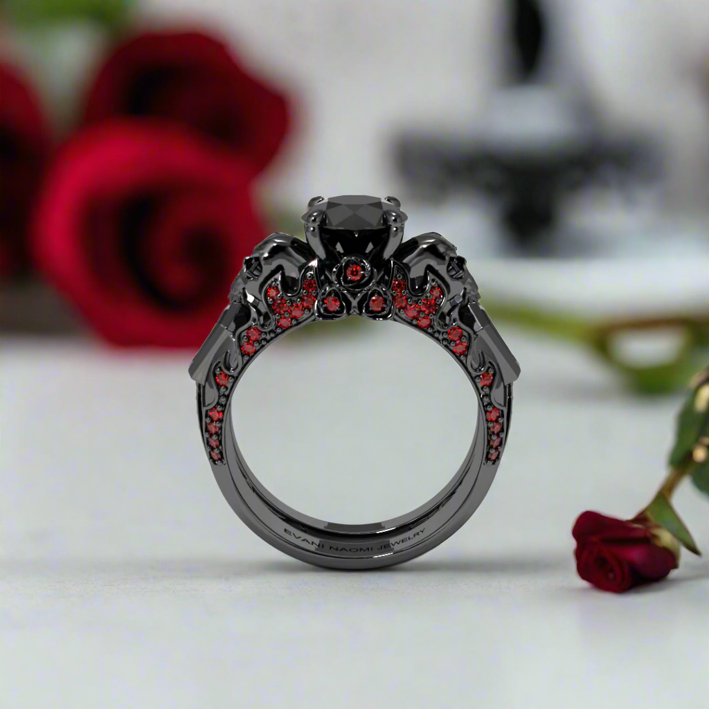 Eternal Flame- Round Cut Diamond Coffin Wedding Ring Set