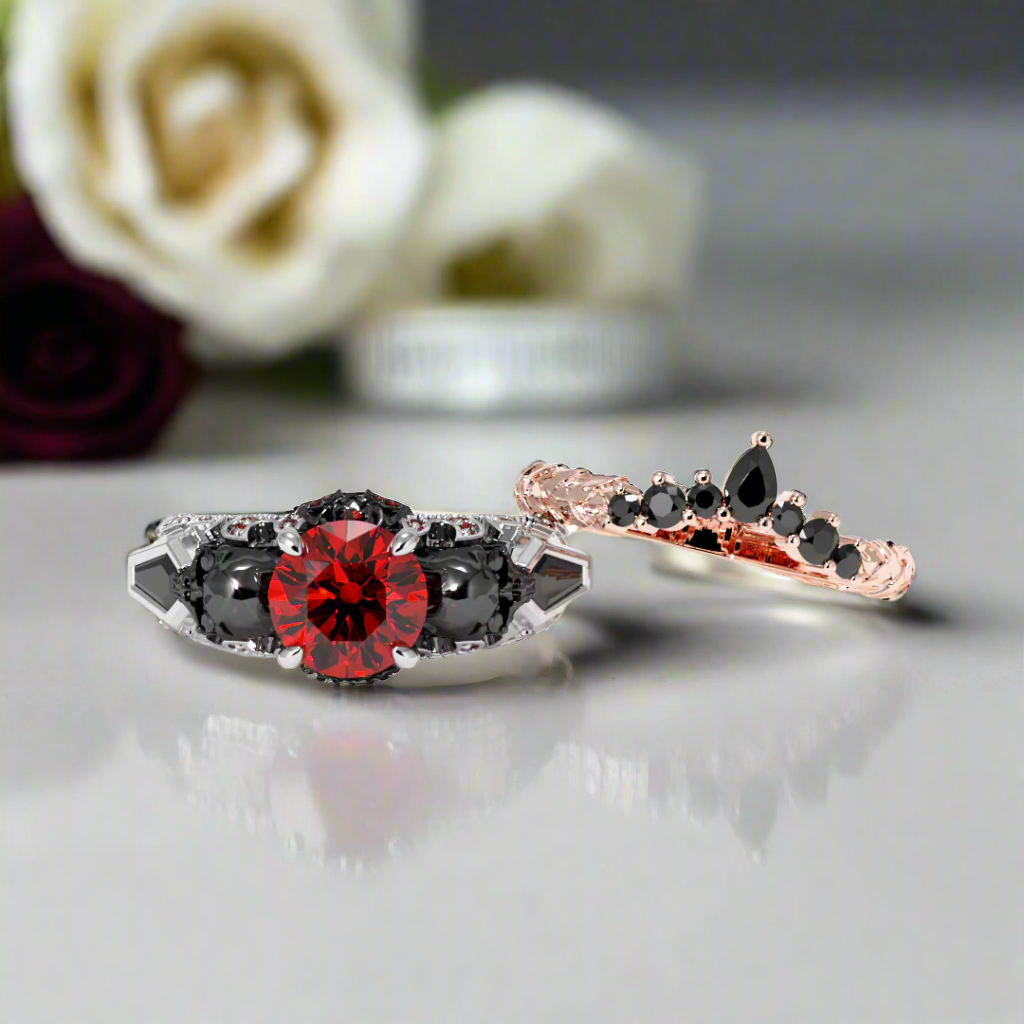 Eternal Flame- Round Cut Diamond Coffin Wedding Ring Set