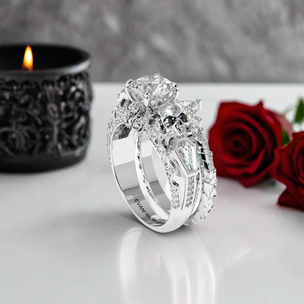 Eternal Flame- Round Cut Diamond Coffin Wedding Ring Set