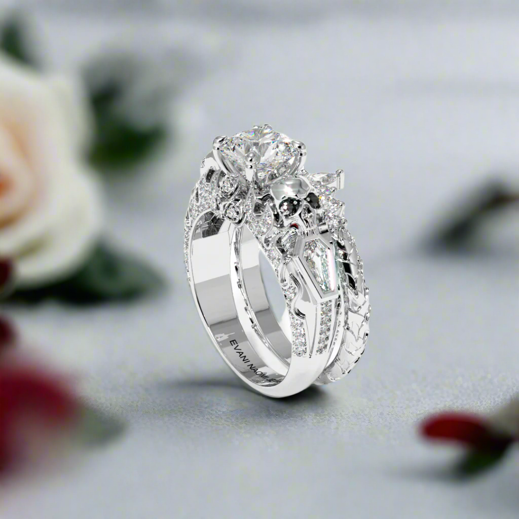 Eternal Flame- Round Cut Diamond Coffin Wedding Ring Set