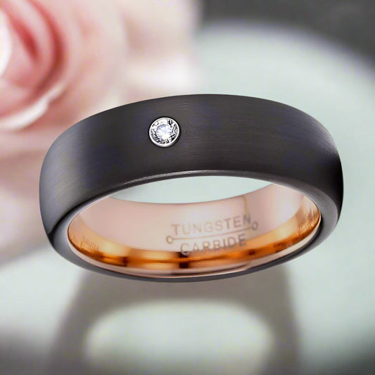 8mm Diamond Black Tungsten Wedding Band with Rose Gold Inner Band