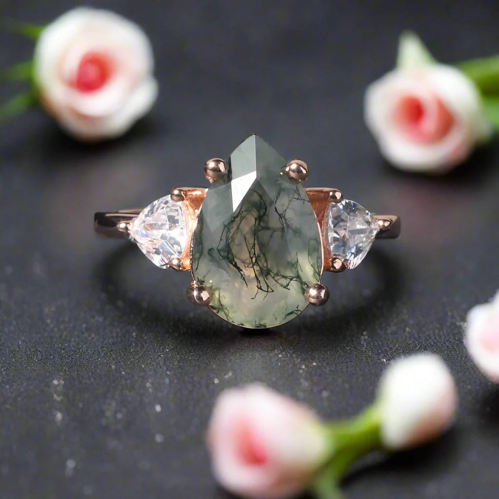 Unique Teardrop Natural Moss Agate Engagement Ring