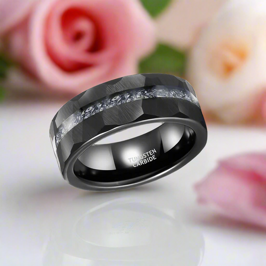 Aluminum Slag Inlay Hammered & Grooved Tungsten Carbide Ring