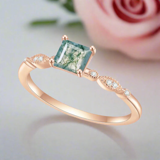 Antique Moss Agate Vintage Art Deco Rose Gold Engagement Ring Set