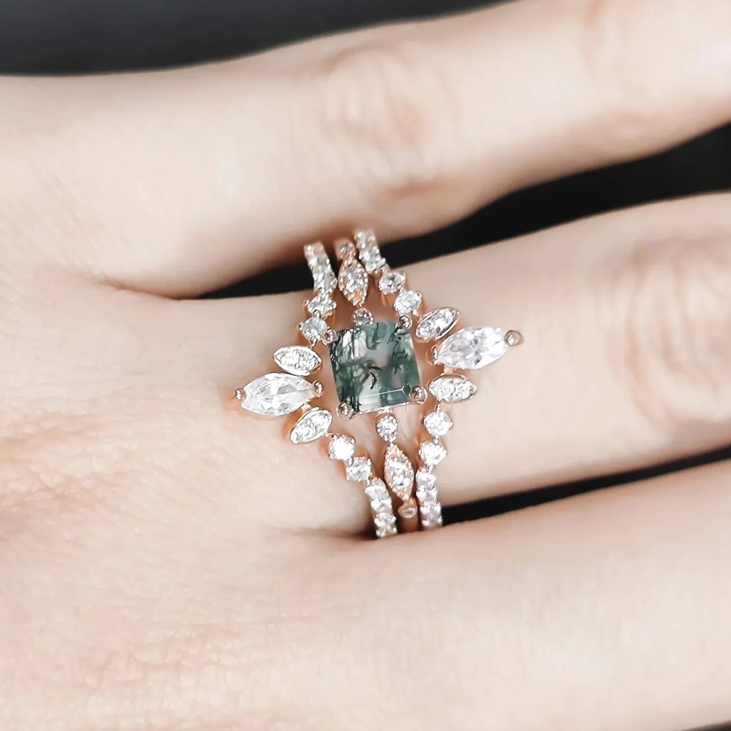 Antique Moss Agate Vintage Art Deco Rose Gold Engagement Ring Set