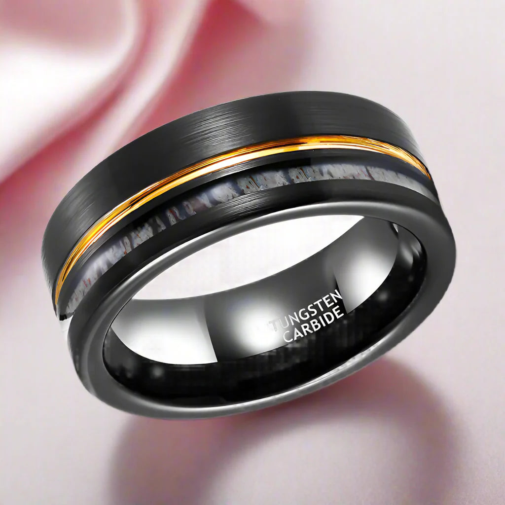Antler Inlay with Gold Line Matte Black Tungsten Men's Wedding Band