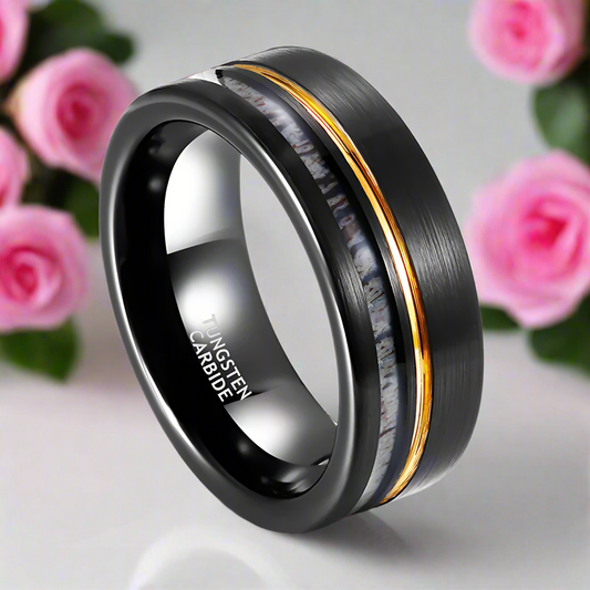 Antler Inlay with Gold Line Matte Black Tungsten Men's Wedding Band