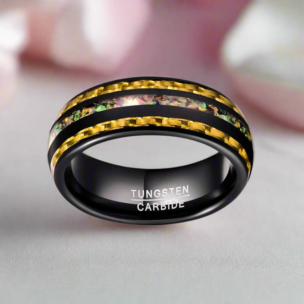 Yellow Carbon Fiber and Opal Inlaid Black Tungsten Men's Ring