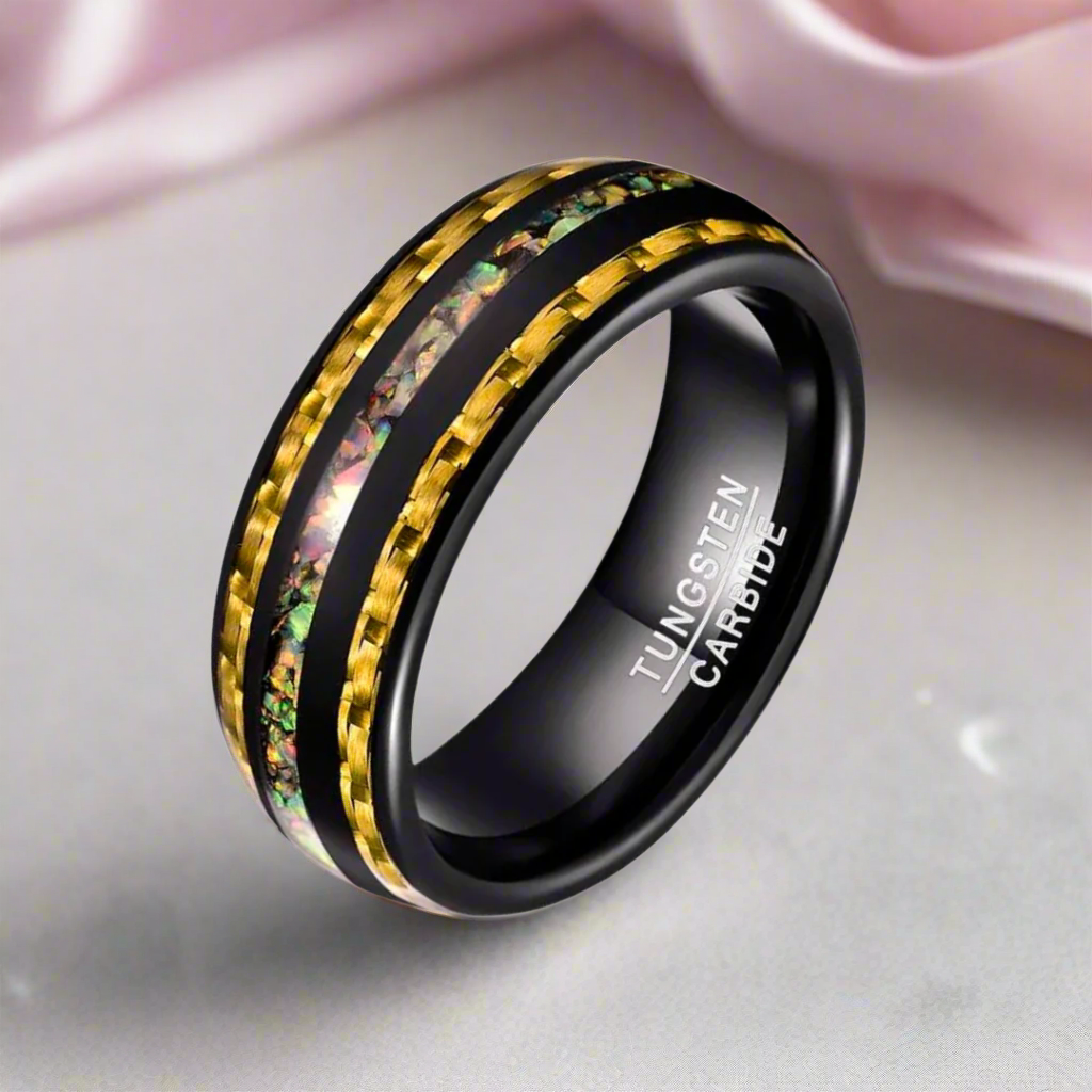 Yellow Carbon Fiber and Opal Inlaid Black Tungsten Men's Ring