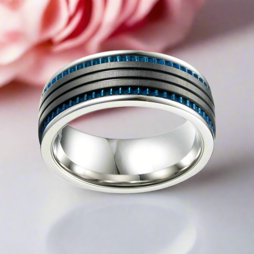 Black Space with Blue Inlay Titanium Steel Ring