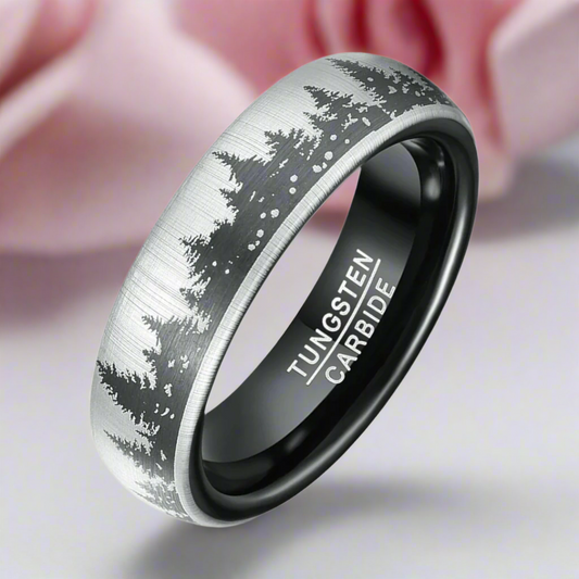 6mm Black Laser Forest Tree Pattern Tungsten Carbide Men's Ring