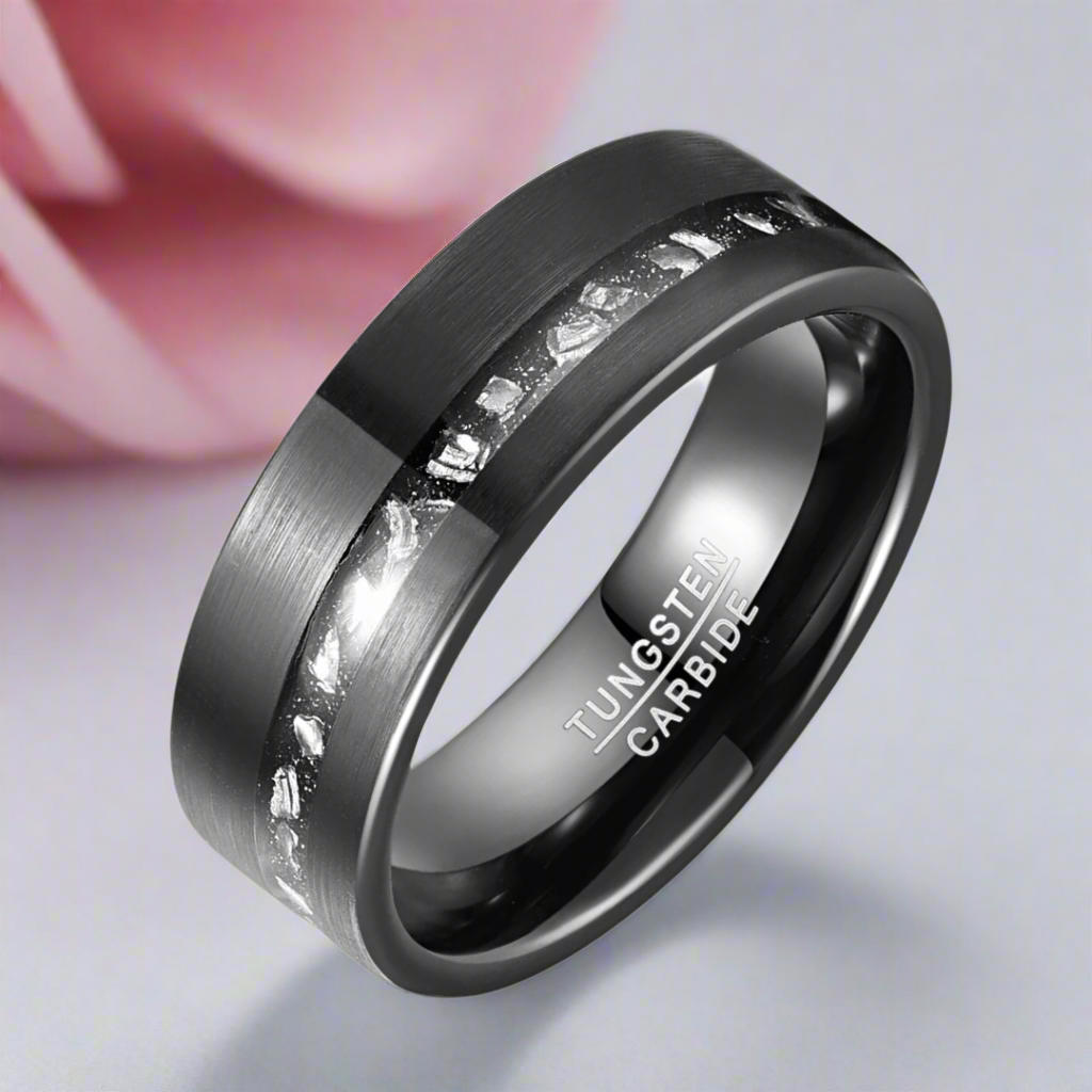 Meteorite Fragments Inlay Brush Black Tungsten Carbide Ring