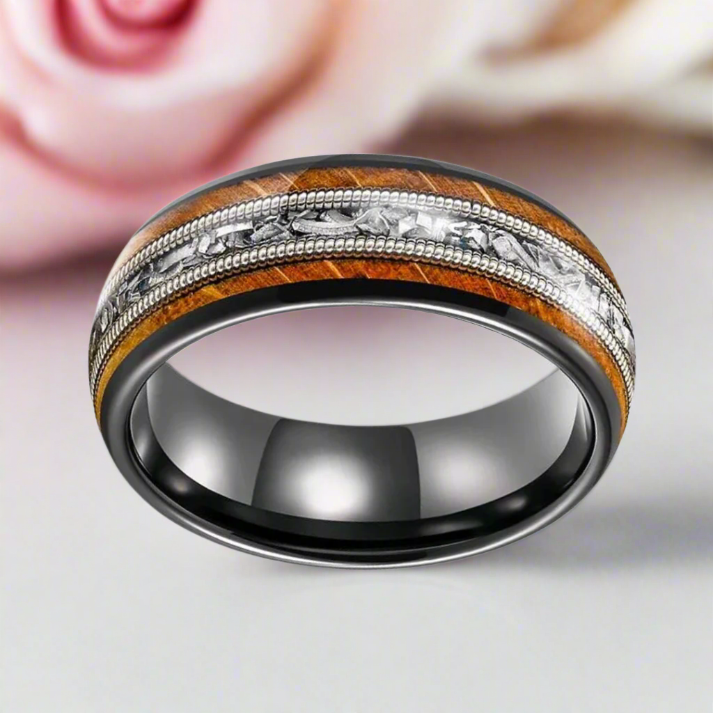 Whiskey Barrel Wood and Guitar Strings Inlay Tungsten Carbide Ring