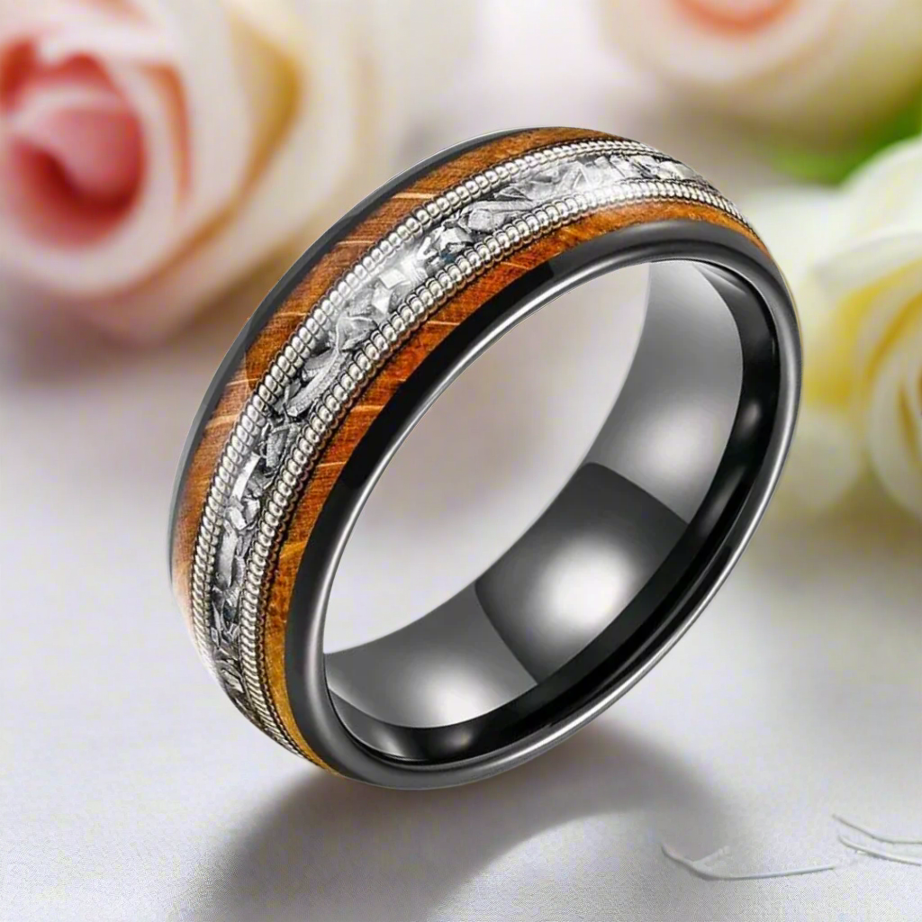 Whiskey Barrel Wood and Guitar Strings Inlay Tungsten Carbide Ring