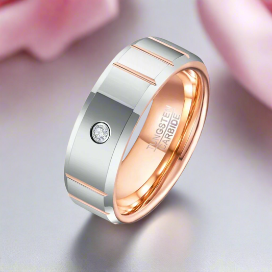 Beveled Edge Dome Polished Tungsten Men's Ring with Diamond