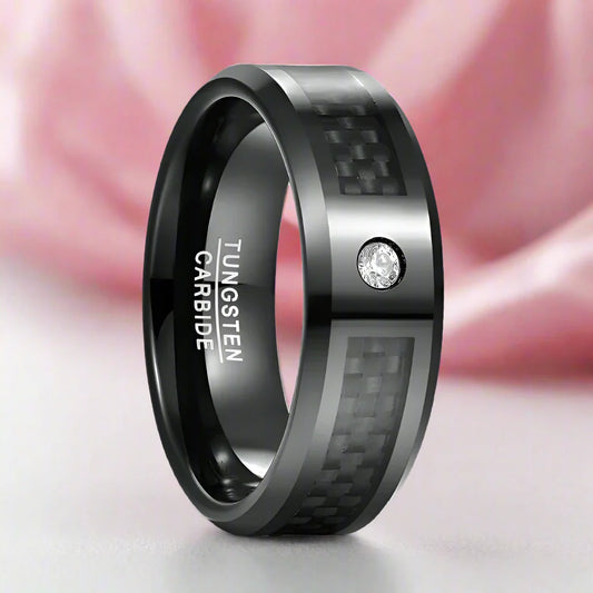 Black Carbon Fiber Oblique Angle Electroplated Tungsten Wedding Band