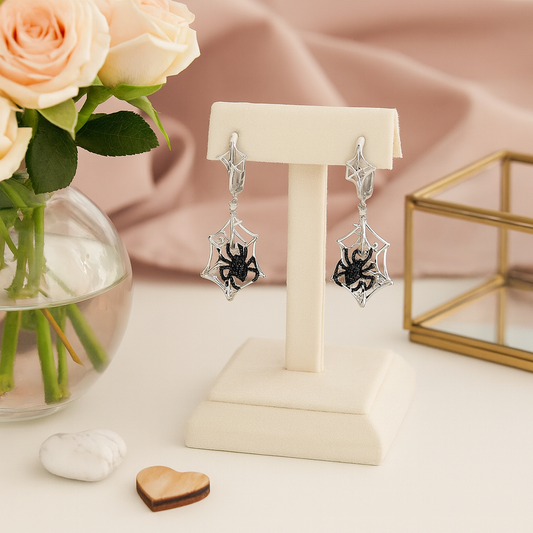 Black Spider in Cob Web Dangle Earrings