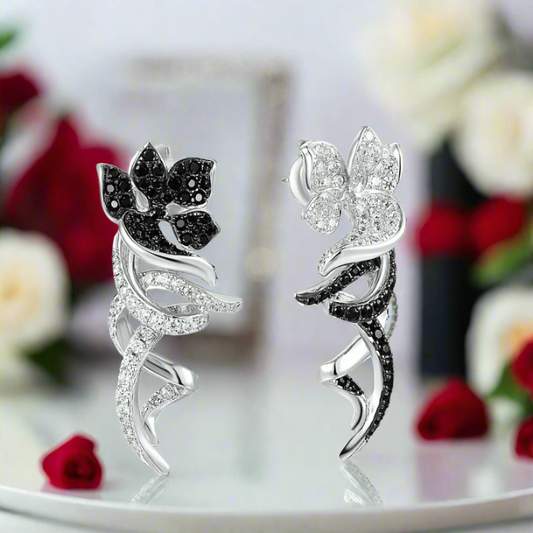 Black and White Diamond Flower Clip Earrings