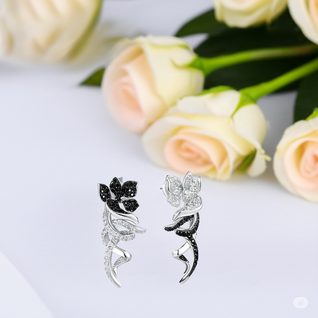 Black and White Diamond Flower Clip Earrings