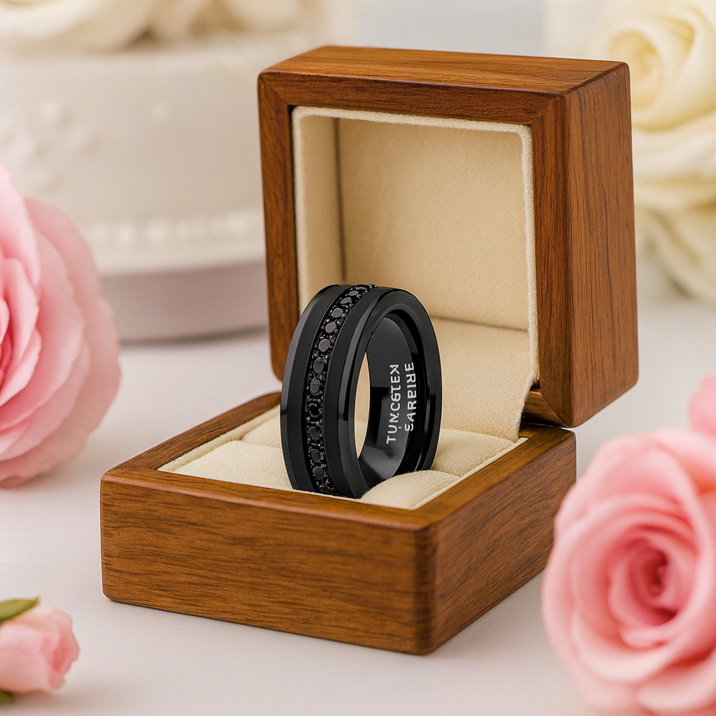 Diamond Inlay Beveled Edges Black Tungsten Men's Wedding Band