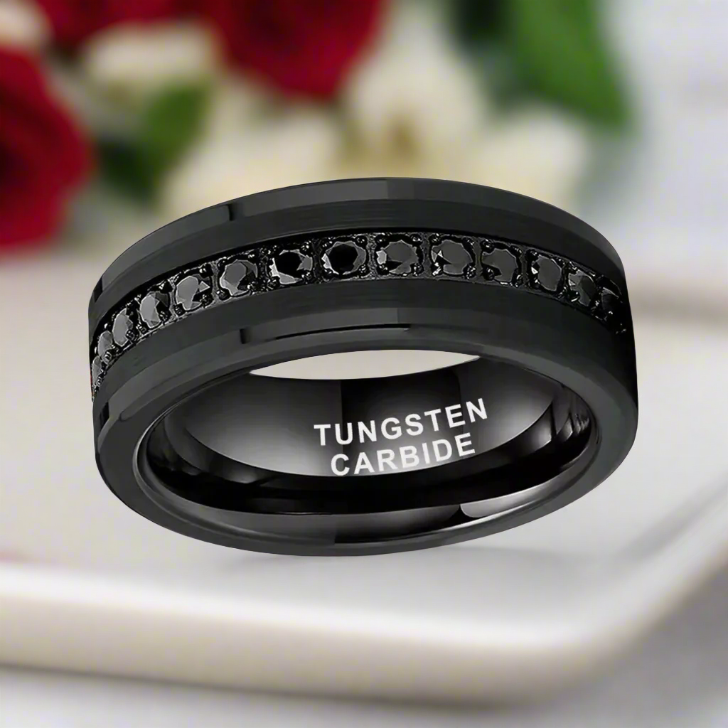Beveled Edges Diamond Inlay Black Tungsten Men's Wedding Band