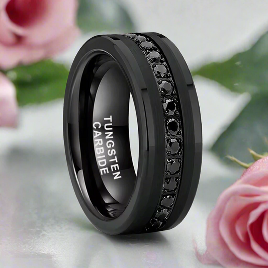 Beveled Edges Diamond Inlay Black Tungsten Men's Wedding Band