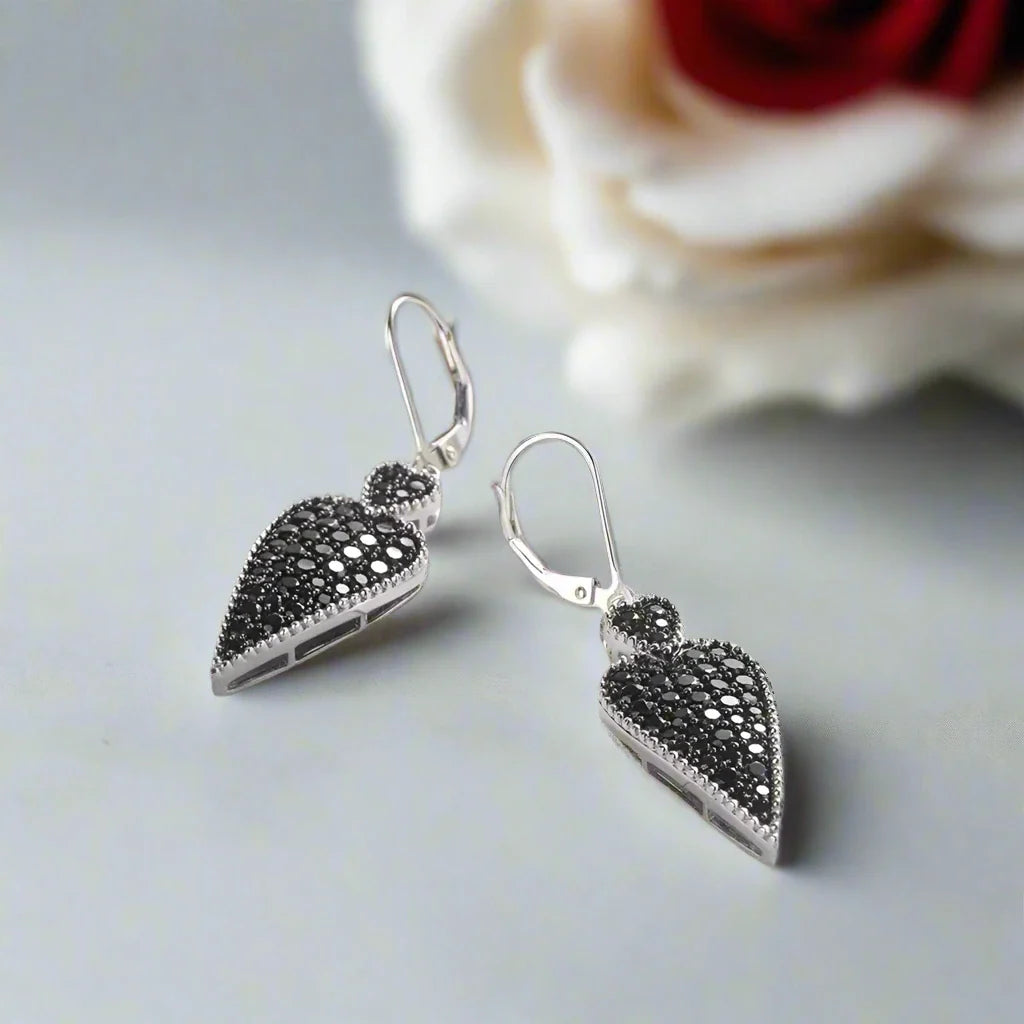 Double Heart 2.50 Ct Black Spinel Drop Earrings