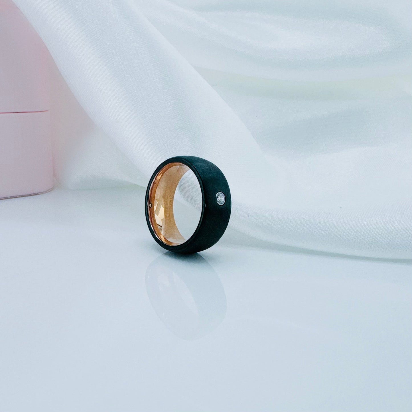 8mm Diamond Black Tungsten Wedding Band with Rose Gold Inner Band