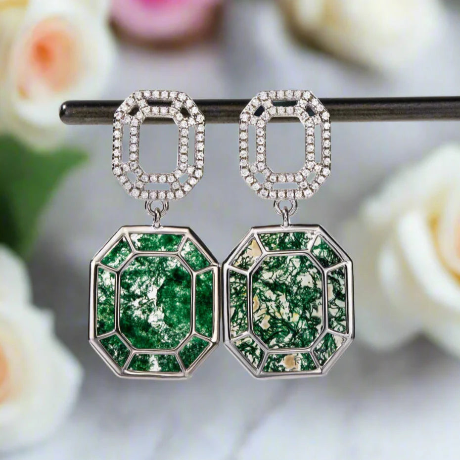 Geometry Cut Moss Agate Drop Earrings