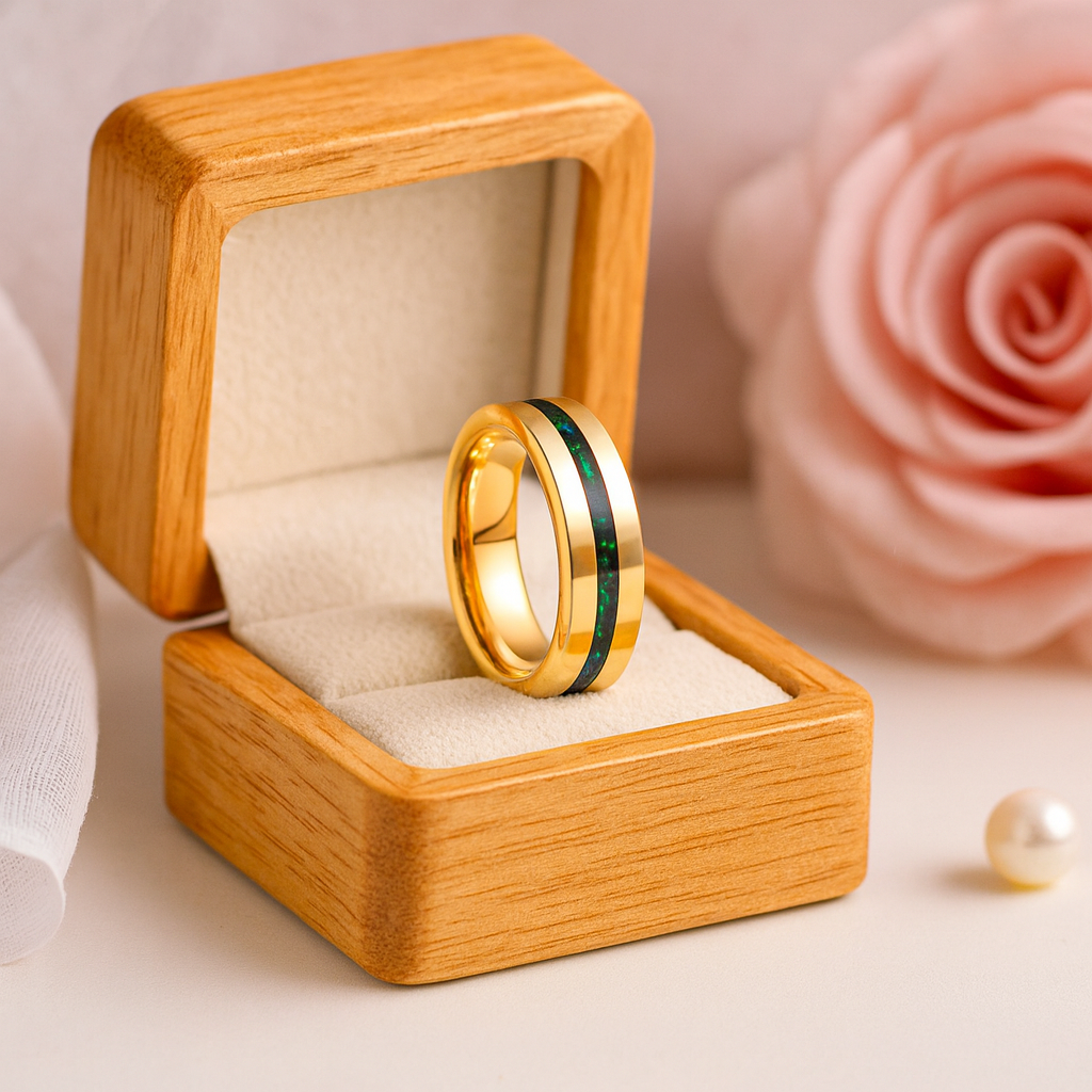 Gold Polished Green Opal Inlay Tungsten Unisex Wedding Band
