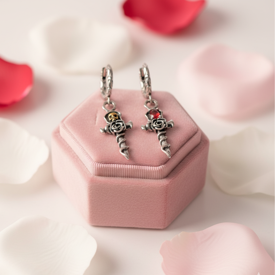 Vintage Gold Skull Rose Earrings
