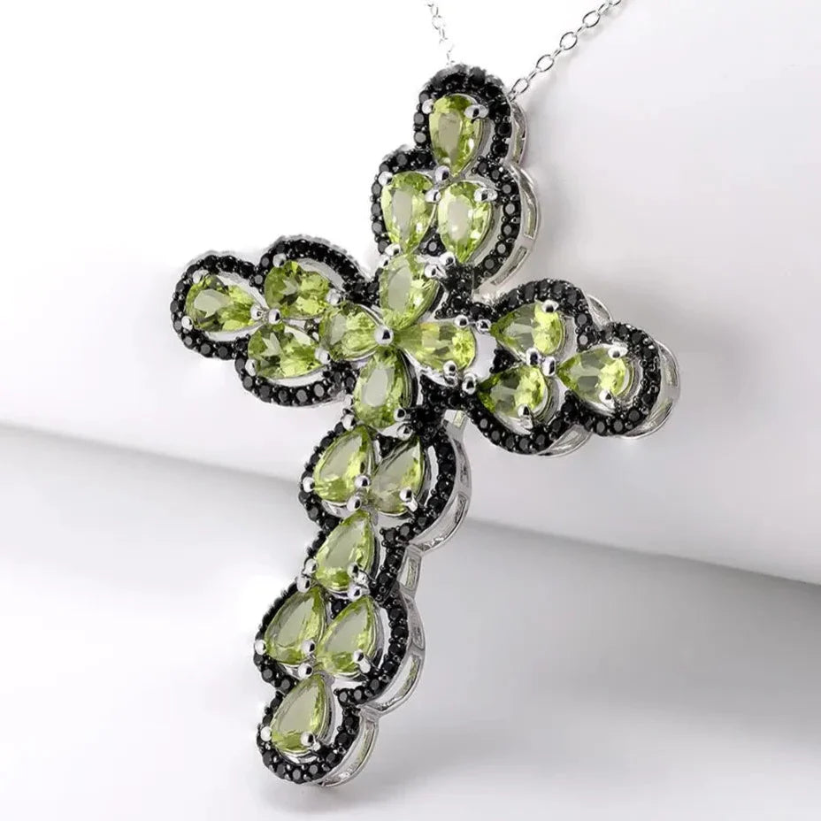 Pear-cut Peridot with Black Spinel Cross Pendant Necklace