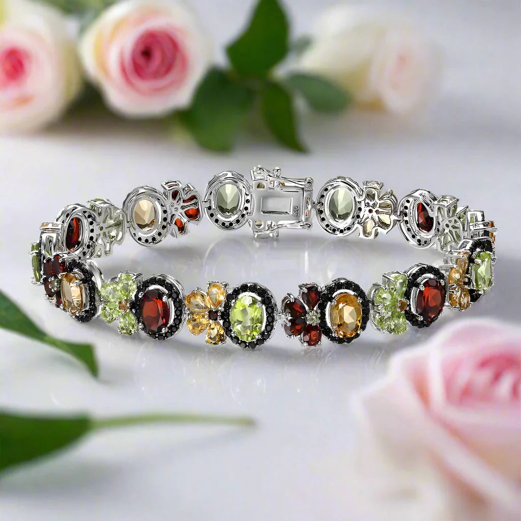 Oval-cut Natural Multi Gemstone Flower Halo Bracelet