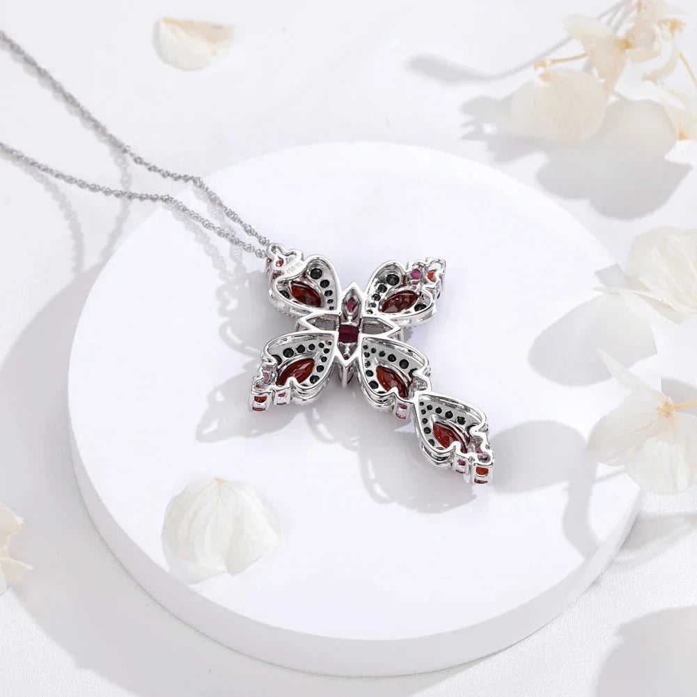 Created Rhodolite Garnet & Black Spinel Cross Bohemian Pendant Necklace