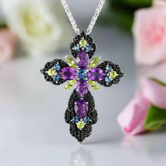 Bohemian Multicolor Gemstones Cross Necklace