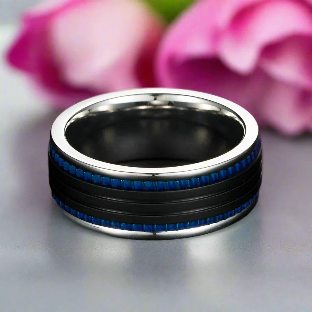 Black Space with Blue Inlay Titanium Steel Ring