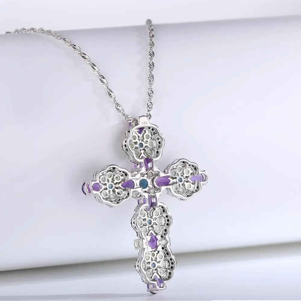 Natural Topaz and Amethyst Gemstone Cross Pendant Necklace