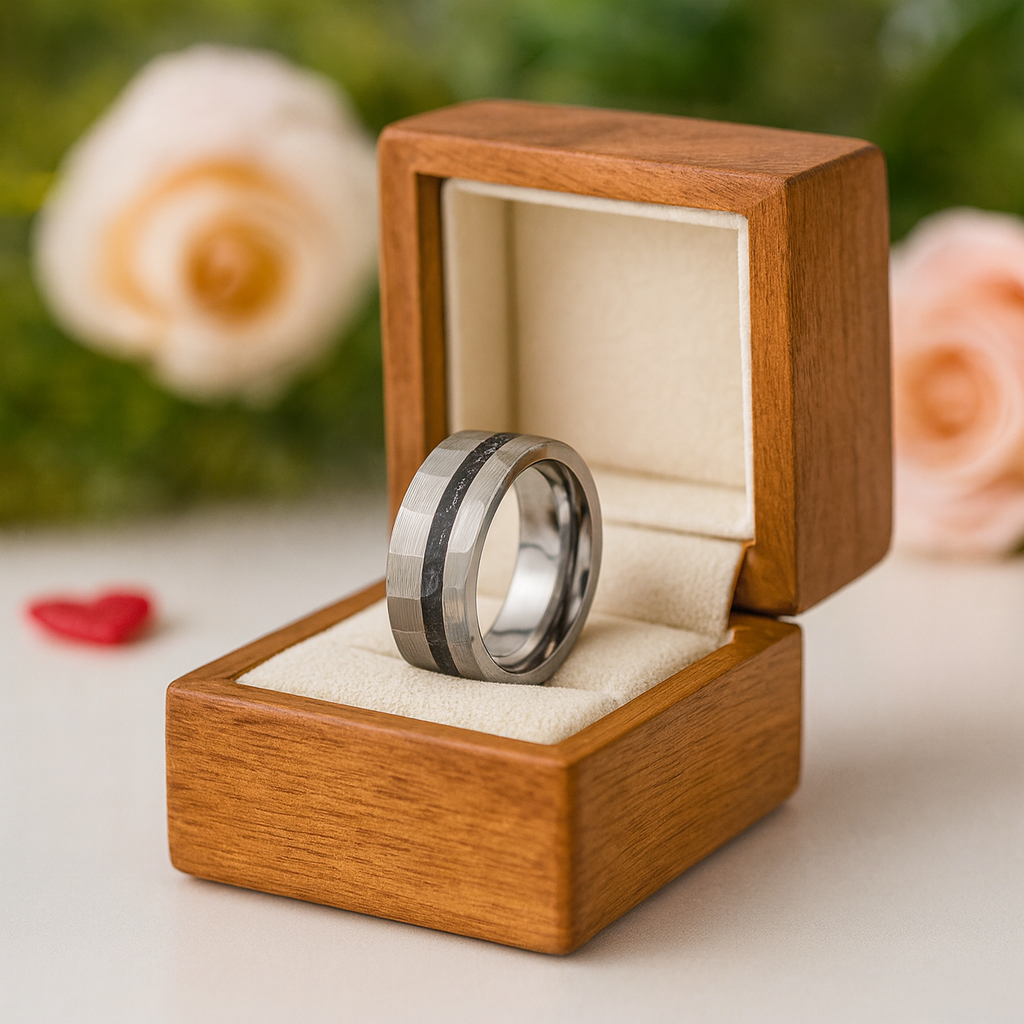 Hammered Tungsten Wedding Band with Fragment Opal Inlay