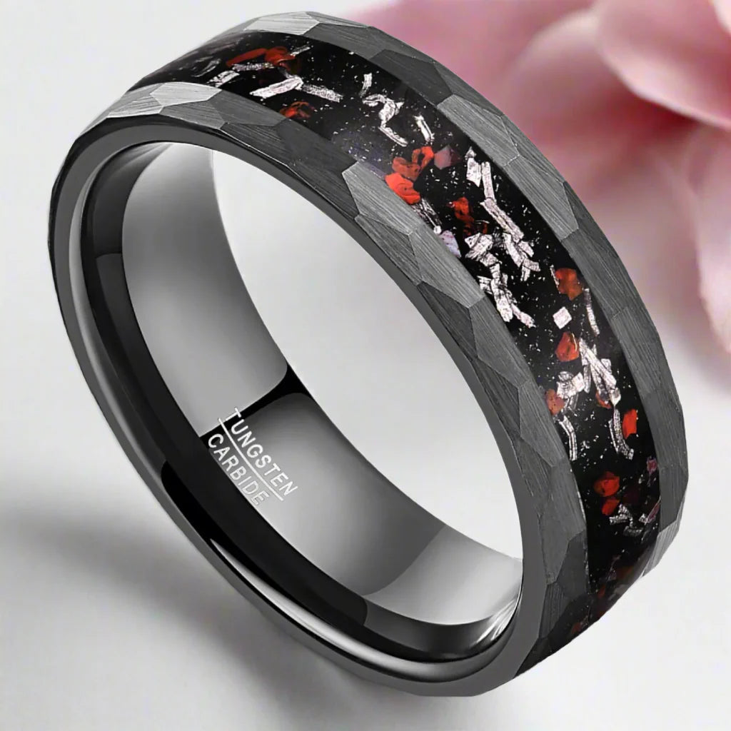 Matte Black Hammered Meteorite Dinosaur Bone Tungsten Wedding Band