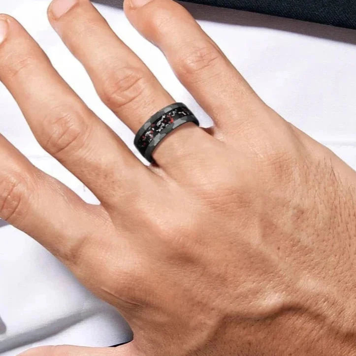Matte Black Hammered Meteorite Dinosaur Bone Tungsten Wedding Band