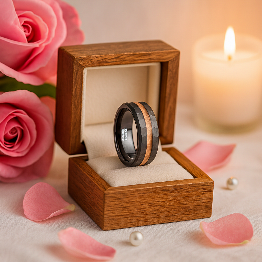 Matte Black Hammered Tungsten Band with Wood Inlay