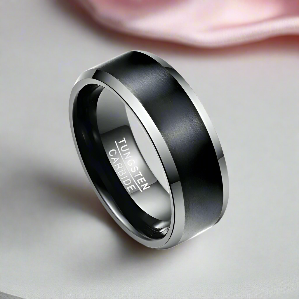 Matte Finish Black Tungsten Beveled Edge Wedding Band