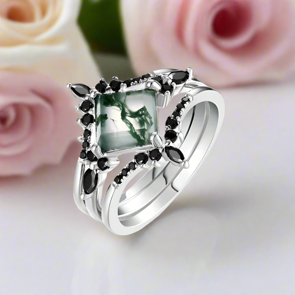 Moss Agate and Black Diamonds Wedding Ring Set