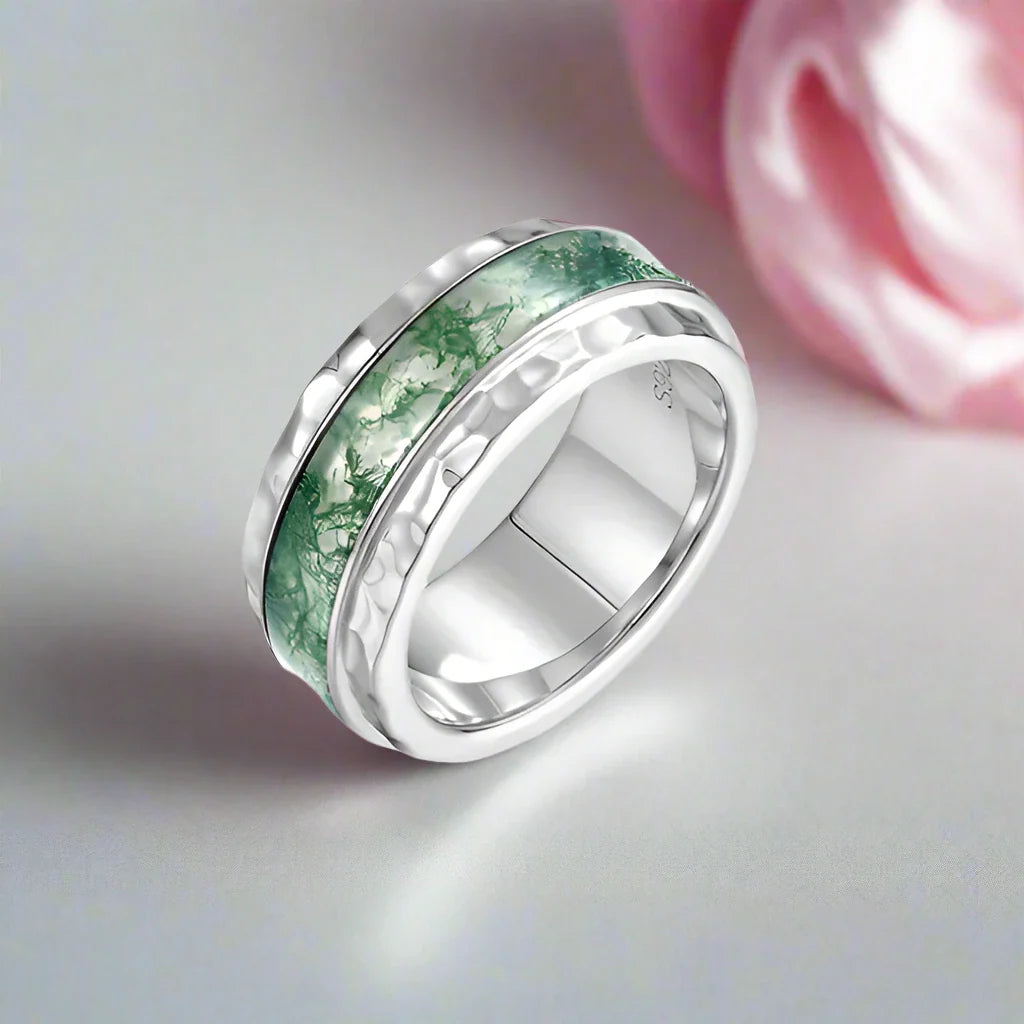 Natural Moss Agate Wedding Band