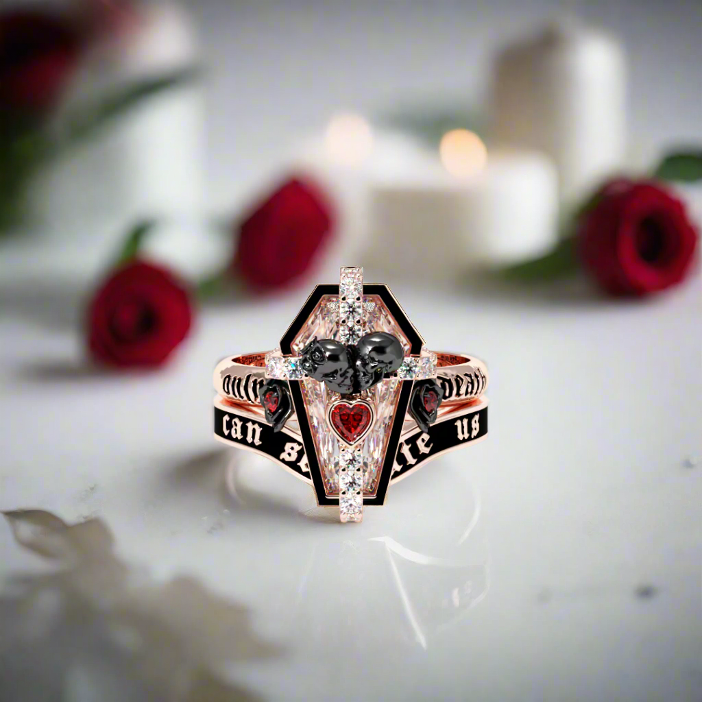 Only Death Can Separate Us Coffin Cut Diamond Wedding Rings