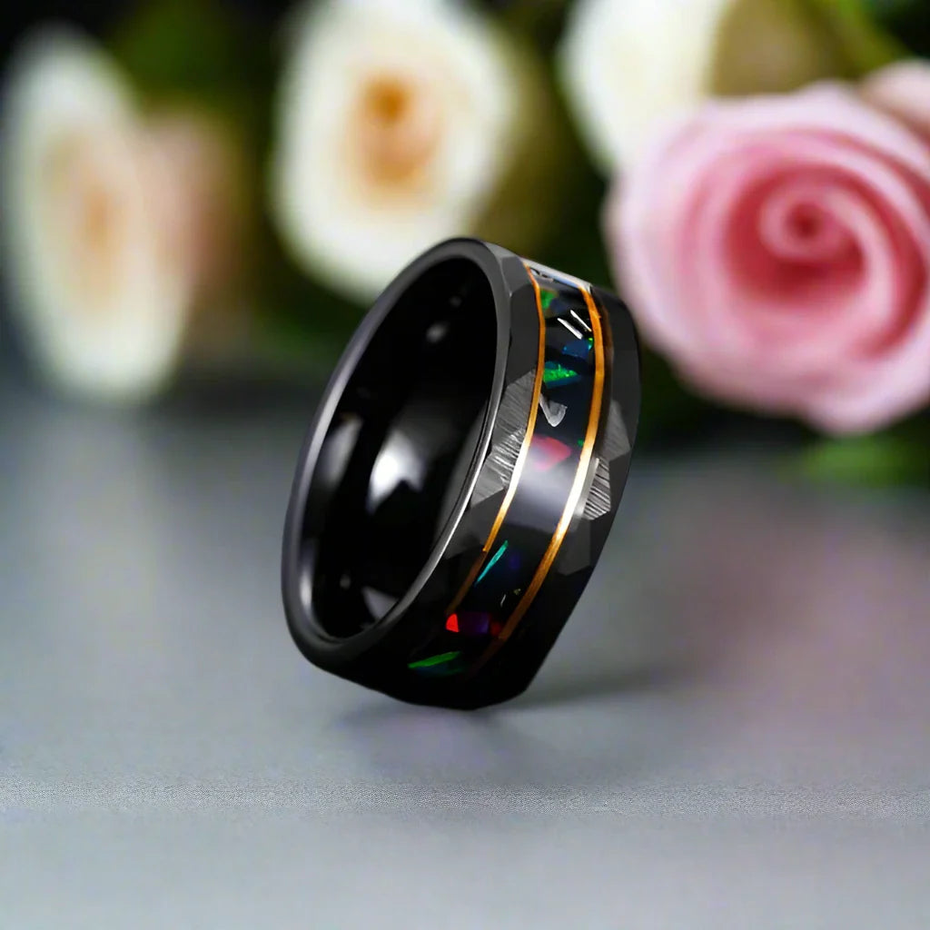 Opal and Metal Slag Inlay Tungsten Wedding Band