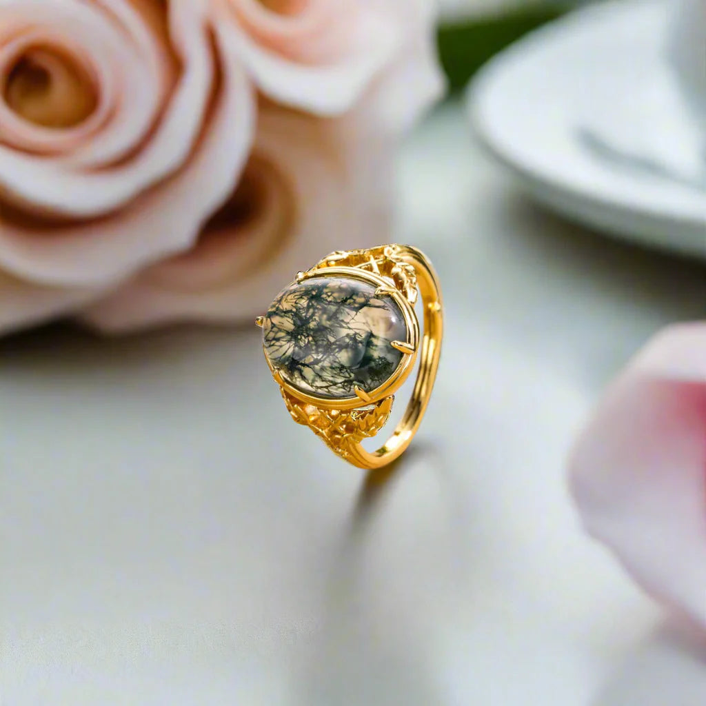 Oval Cut Moss Agate Vintage Engagement Ring