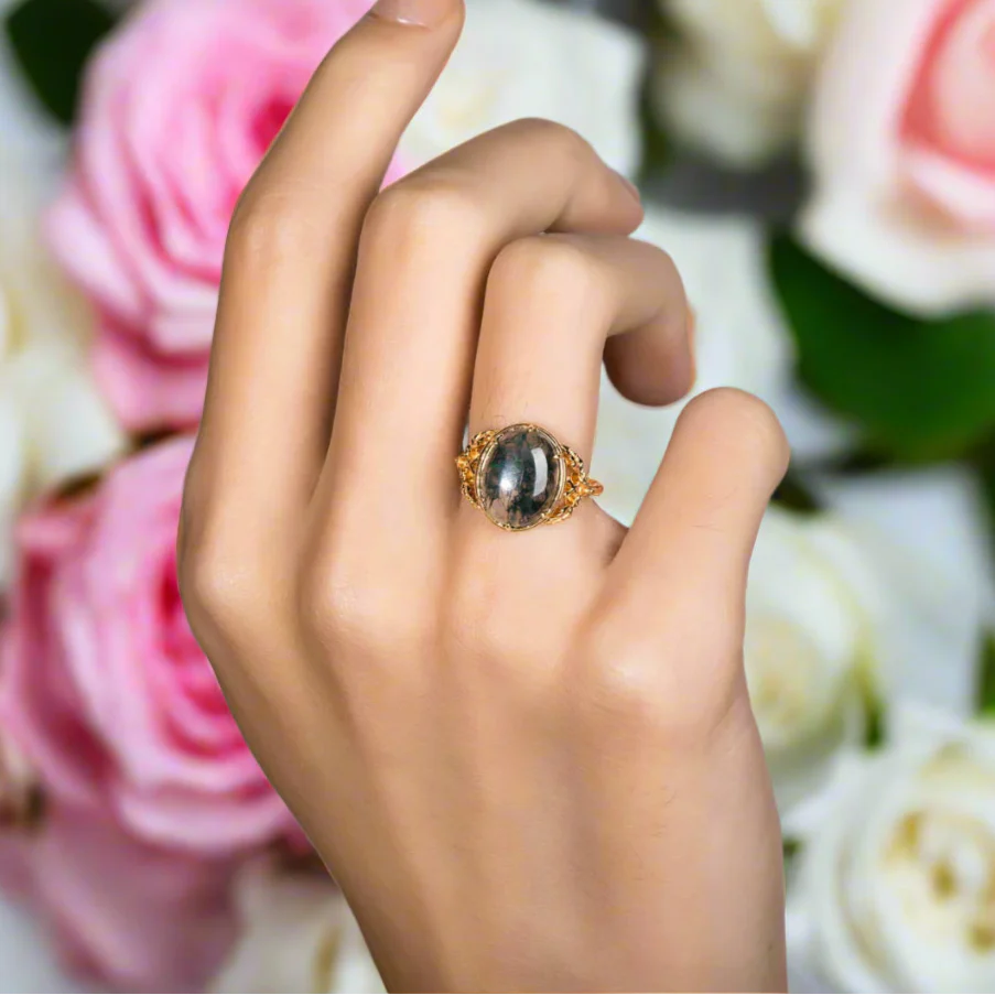 Oval Cut Moss Agate Vintage Engagement Ring