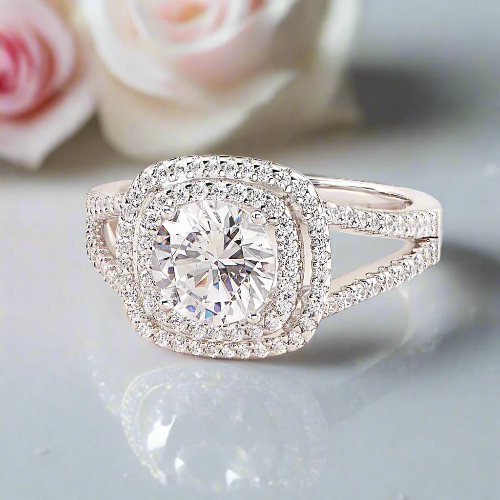 Round Cut Diamond Double Halo Split Shank Engagement Ring